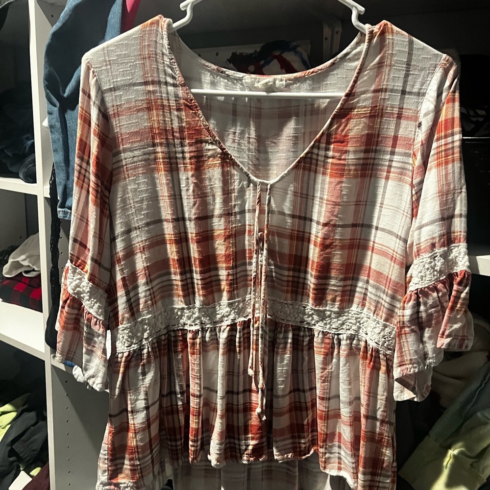 Maurices Red and White Plaid Peasant Blouse